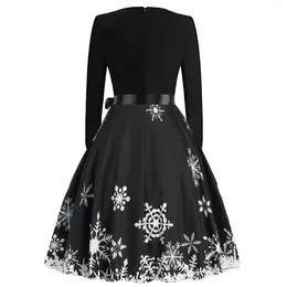 Casual Dresses Christmas Dress Women Winter Long Sleeve V Neck Elegant Vintage Swing Party Robe Santa Snowflake Print Vestidos