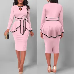 Work Dresses Elegant Ruffle 2 Piece Set Women Solid Outfit Bow Hollow Out Irregular Tops Bodycon Skirt Suit Office Lady Business Sets