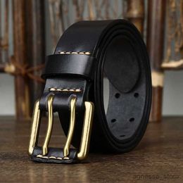 Belts 3.8cm Wide Vintage Men's Belt Cowhide Genuine Leather Belt Copper Double Needle Buckle Handmade Jeans Belt Fashion Male Strap R231206