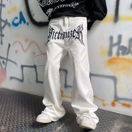 Calças de brim masculinas de alta rua americanas escuras retas soltas instagram marca de moda carta bordada denim instagram calças compridas de rua alta
