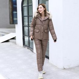 Women's Trench Coats Women Autumn Winter Hooded Faux Fur Collar Solid Colour Long Sleeve Drawstring Two Piece Pant Suit Coat For