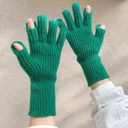 Five Fingers Gloves Touch Screen for Playing Phone Women Winter Thicken Warm Knitted Stretch Full Finger Outdoor Skiing Y2K 231205