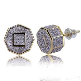 18K Gold Plated Hip Hop Rapper Iced Out CZ Cubic Zirconia Polygon Stud Earrings Full Diamond Earring Studs Jewellery Gifts for Boys 3152