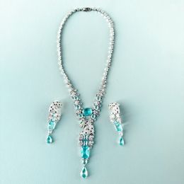 Bracelets, Earrings, Necklace Designer Series Fashion Style Women's Set with Full Diamond Leopard Pattern Tassels, Light Blue Cubic Zircon Pear shaped Pendant