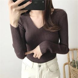 Women's Sweaters Autumn And Winter V-neck Knitted Sweater Pullover Skinny Stretch Slim Fit Undershirt Underneath Top