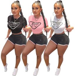 Sporty Two Piece Pants Casual Tracksuit Women Slim Fitness Bodybuilding Running Suits Free Ship Two Monogram-Printed Short Sleeve T-Shirts And ShortsSize S-2XL