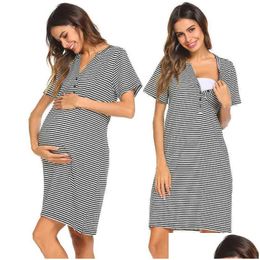 Maternity Dresses Womens Dress For Breastfeeding Summer O Neck Short Sleeve Striped Print Nightdress Nursing Sleepwear G220309 Drop De Dhcvq