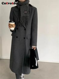 Women's Jackets Cotvotee Notched Wool Coat Women Autumn Winter 2023 Vintage Solid Loose Long Jacket Casual Sleeve Double Breasted Coats 231205