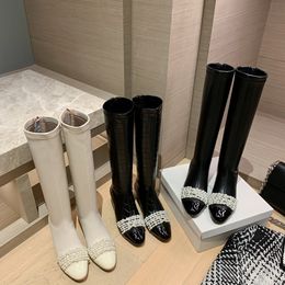 Pearl Beading Knee Boots Cowhide Thick Heels Women's French Slim Fashion Boots