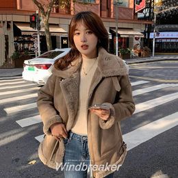 Women's Trench Coats Leather Jackets For Women 2023 Spliced Lambswool Winter Coat Vintage Overcoat Female Loose Snow Warm Jacket