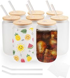 USA CA Warehouse bamboo lid with straw, 16oz frosted sublimation beer jar glass blank for iced coffee, soda, juice