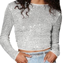 Women's T Shirts Shiny Sequins Basic Chic Fashion Long Sleeve Crew Neck Crop Tops Casual Pullovers Streetwear Aesthetic Clothes