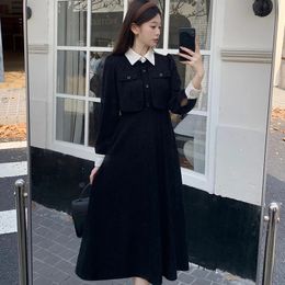 Women's Jackets Vintage Autumn Winter Corduroy Dress Ladies Chic Long Sleeve Midi Elegant Fake Two Pieces Dresses for Women 2023 Clothes Y2k 231205