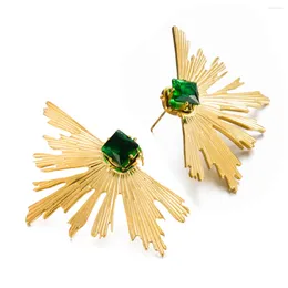 Stud Earrings Irregular Fan Shape Green Cubic Zirconia Luxury Statement Golden Metal Stainess Steel Jewelry