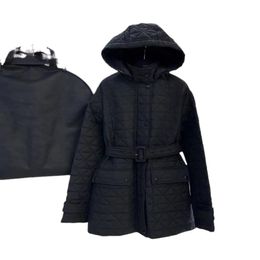 Luxury designer Women's black jacket letter logo embossed diamond grid hooded cotton jacket belt cotton jacket S-L