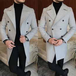 Men's Grey Classic Fall Coat Long Jacket Double Breasted Overcoat Winter Wedding Tuxedos