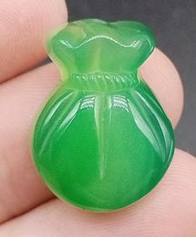 Certified Green Natural A Agate Chalcedony Carved Money Coin Bag Lucky Pendant