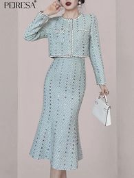 Two Piece Dress PEIRESA Blue Tweed Woollen 2 Piece Sets Women Outfit French Celebrity O Neck Single Breasted Short Jacket Coat Mermaid Midi Skirt 231205