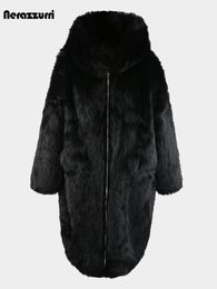 Women's Fur Faux Nerazzurri Winter Long Oversized Thick Warm Soft Fluffy Coat Women with Hood Zipper Loose Casual Korean Fashion 231206