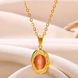 Pendant Necklaces Gold Colour Orange Opal Necklace For Women Stainless Steel Jewellery Oval Pattern Choker Everything