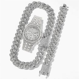 Chains Cuban Link Chain Iced Out Watch Mens Jewellery Set Necklace Watch Bracelet Hip Hop MiamiRhinestone African Choker245Y