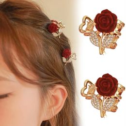 Elegant Rose Grip Hair Clips for Women Bangs Clip Headwear Red Rose Rhinestone Fashion Exquisite Sweet Hair Accessories