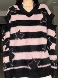 Women's Sweaters ADAgirl Harajuku Striped Sweater Oversize Y2k Style Pink Detachable Sleeves Star Print Jumpers Gothic Winter Korean Alt