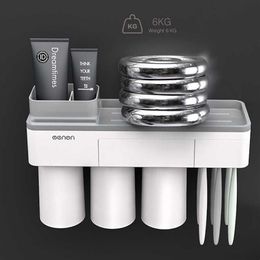 Toothbrush Holder Bathroom Accessories Toothpaste Squeezer Dispenser Storage Shelf Set For Bathroom Magnetic Adsorption With Cup C178U