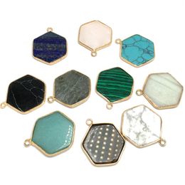 Charms Natural Stone Hexagonal Wrapped Semi-Precious Pendant Lapis Lazuli Quartz For Jewellery Making DIY Necklace Accessory