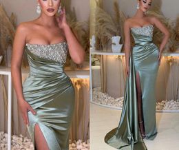 Luxury High Split Mermaid Evening Dress For Women Strapless Sleeveless Beaded Ruched Formal Prom Party Gowns Robe De Soriee