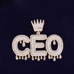 Custom Name Gold Silver Rosegold Crown Bail Drip Initials Bubble Letters Chain Pendants Necklaces For Men Women Cubic Zircon Hip H170Y