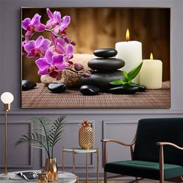 Modern Wall Art Spa Stones Zen Canvas Painting Candles Orchid Flower Poster Wall Pictures for Bathroom Decor Home Decor Cuadros2346