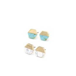 Stud Vintage Gold Colour Hexagon White Green Turquoise Marble Earrings Natural Stone Jewellery For Women Drop Delivery Dhhnc