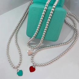 Chains Drop Classic Love Design Original Brand S925 Sterling Silver Pink Green Red Mini Heart 4mm Bead Necklace Luxury Jewelry