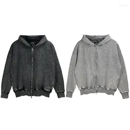 Men's Hoodies Autumn Winter American Heavy Wash To Do Old Black Grey Embroidery Letters Hooded Zipper Hoodie Cardigan