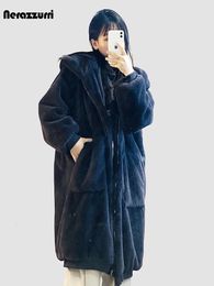Women's Fur Faux Nerazzurri Winter Oversized Long Thick Warm Soft Fluffy Coat Women with Big Hood Zipper Loose Chic Korean Fashion 2023 231206