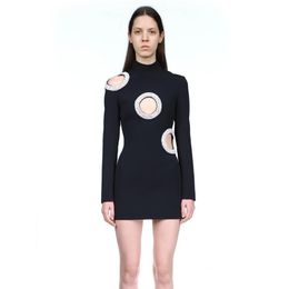 1208 L 2023 Runway Dress Autumn Dress Crew Neck Black WHite Red Bandage dress Beads Long Sleeve Brand Same Style Empire Black Womens Dress Fashion bohong