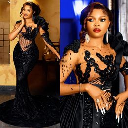 Black Aso Ebi Prom Dresses Mermaid Long Sleeves Lace Beading Lace Evening Dresses with Detachable Train African Arabic Pageant Gowns Birthday Party Gown AM093