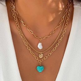 Chains Necklace Pearl Turquoise Heart Pendant Chain Women Girls Product Vintage Fashion Jewelry Party Gift 2024 Style