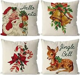 Pillow Case Christmas Throw Pillows Cover Santa Claus Jingle Bell Reindeer Candy Canes Winter Pillowcase Living Room Home Decor 231205