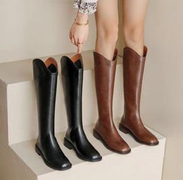 Women Knee-high Boots Genuine Leather Natural Leather Ladies Bootie Autumn and Winter Velvet Western Boots Goth Shoes