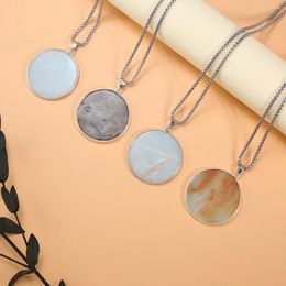 Pendant Necklaces Natural Round Wrapped Flash Labradorite Amazonite 60cm Stainless Steel Necklace Women Charms Chakra Healing Jewelry