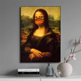 Funny Mask Mona Lisa Oil Painting on The Wall Reproductions Canvas Posters and Prints Wall Art Picture for Living Room Decor2101