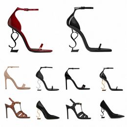 women Dress Shoes high heels leather Gold Tone triple black Red Nude Brown Khaki lady sandals Button Rubber Party Wedding Office shoe