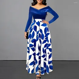 Casual Dresses Long Sleeve Party Dress Off Shoulder Maxi Stunning Leaf Print Velvet Patchwork Elegant V-neck