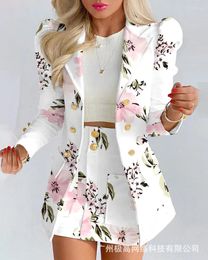 Work Dresses Floral Print Puff Sleeve Double Breasted Blazer Coat & Skirt Set Women Spring Summer 2pcs Flower Jacket Office Business