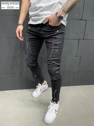 Men's Jeans Fashion Mens Ripped Skinny streetwear vintage jeans Stretchy Hole Pencil Pants Slim Denim High Quality Hip Hop Black 231206