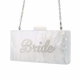 Evening Bags Pearl White With Silver Glitter Name Bride Acrylic Box Clutches Ladies Handbags Fashion Handmade Claps Beach ClutchEv259U