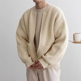Men's Sweaters Sweater Cardigan Collarless Knitted Coat With Zipper Placket Pockets For Autumn Winter Outwear Knit