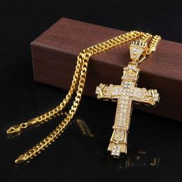 Retro Gold Cross Charm Pendant Full Ice Out CZ Simulated Diamonds Catholic Crucifix Pendant Necklace With Long Cuban Chain2841